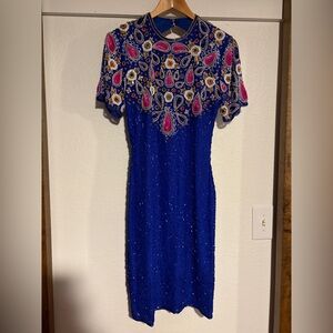 Elegant Blue and Pink Embellished Silk Cocktail Dress
